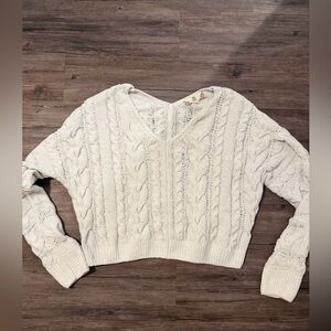 Pink Rose Cream V-Neck Cable Knit Sweater